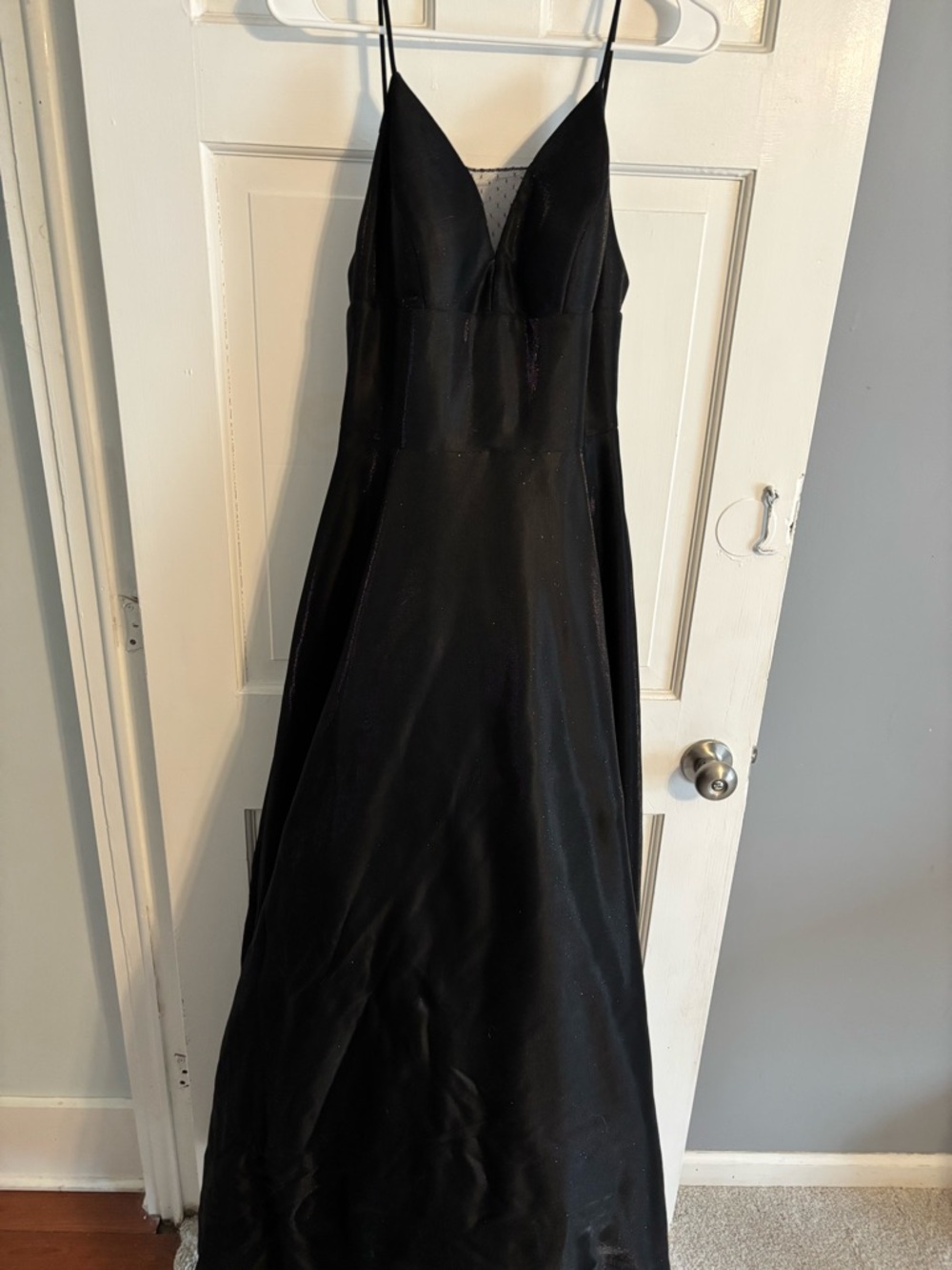 Betsy & Adam Black Spaghetti Strap Prom Gown